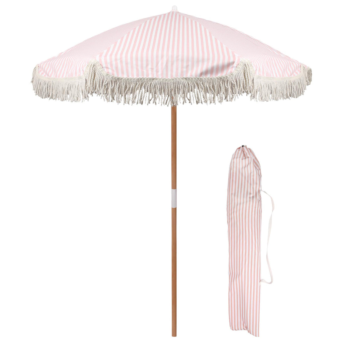Pastel Pink Striped 1.4m Wooden Garden Parasol with Tassel Fringe