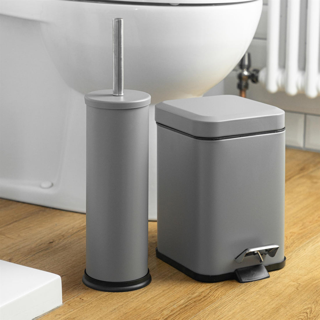 Matt Grey Round Toilet Brush &amp; Square Bin Set