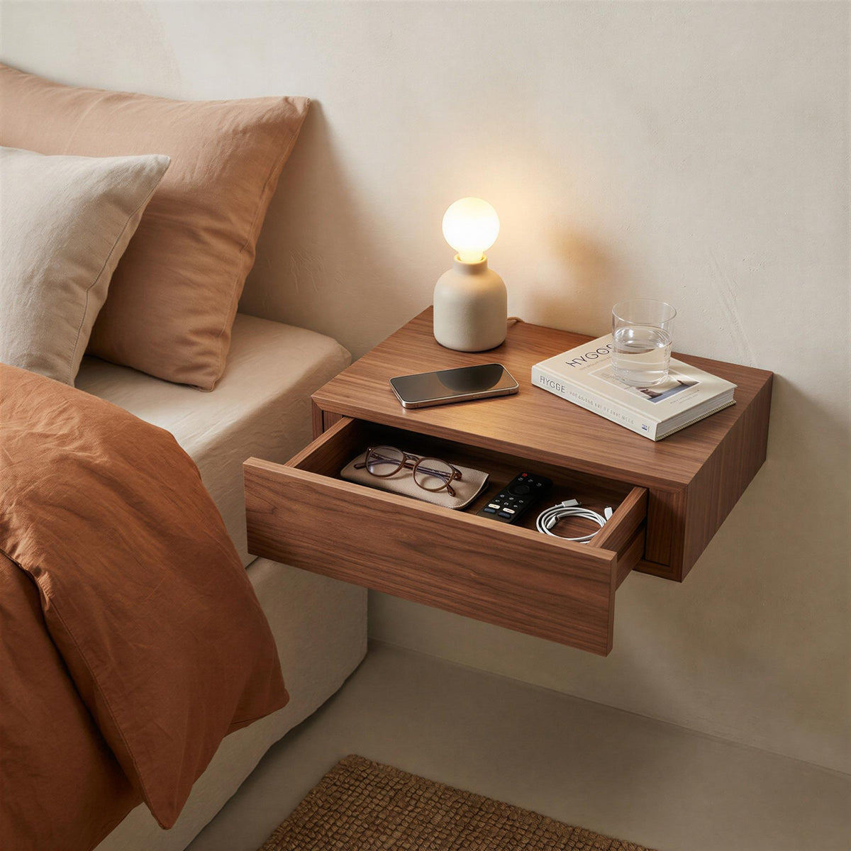 Wooden Floating Shelf with Drawer - 40cm - Walnut