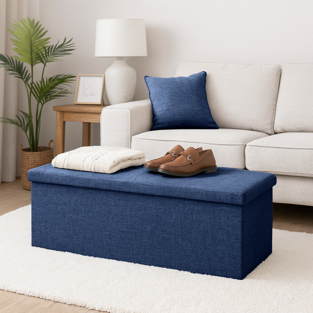 Navy Linen-Look Foldable Storage Ottoman - 111cm x 37cm x 39cm