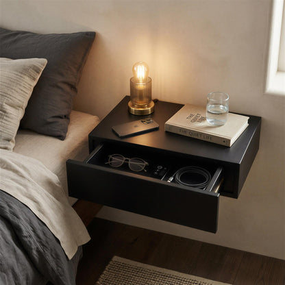 Wooden Floating Shelf with Drawer - 40cm - Black