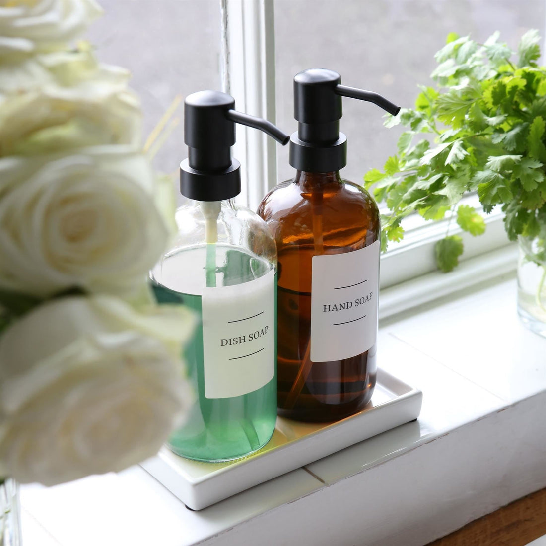 2pc 500ml Glass Soap Dispenser with White Labels &amp; Ceramic Tray