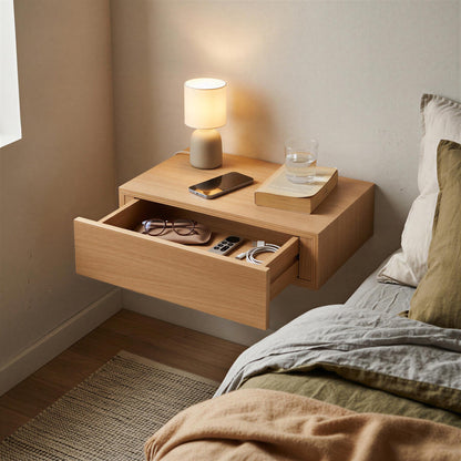 Wooden Floating Shelf with Drawer - 40cm - Light Oak