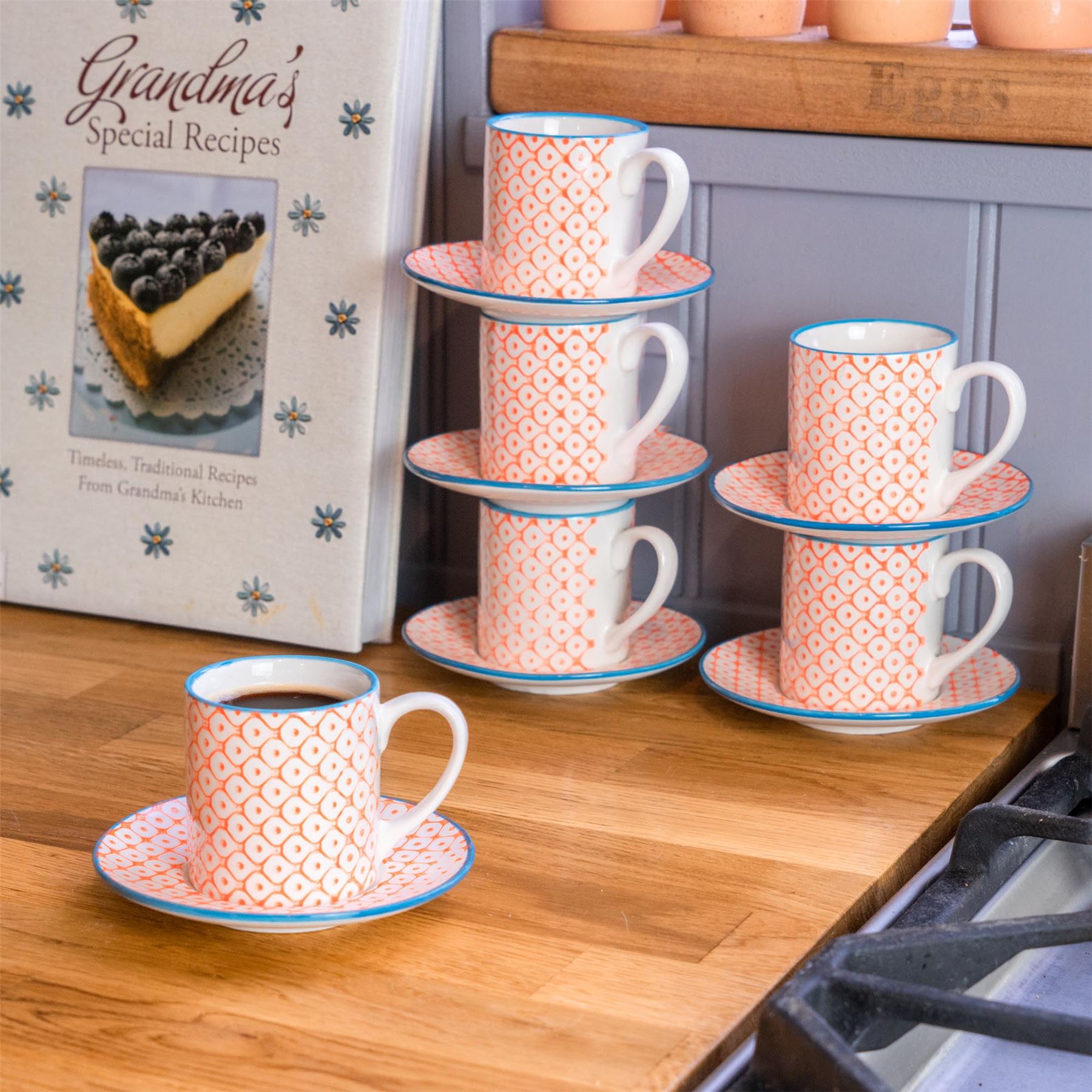 12pc 65ml Hand-Printed Stoneware Orange Espresso Cup &amp; Saucer Set