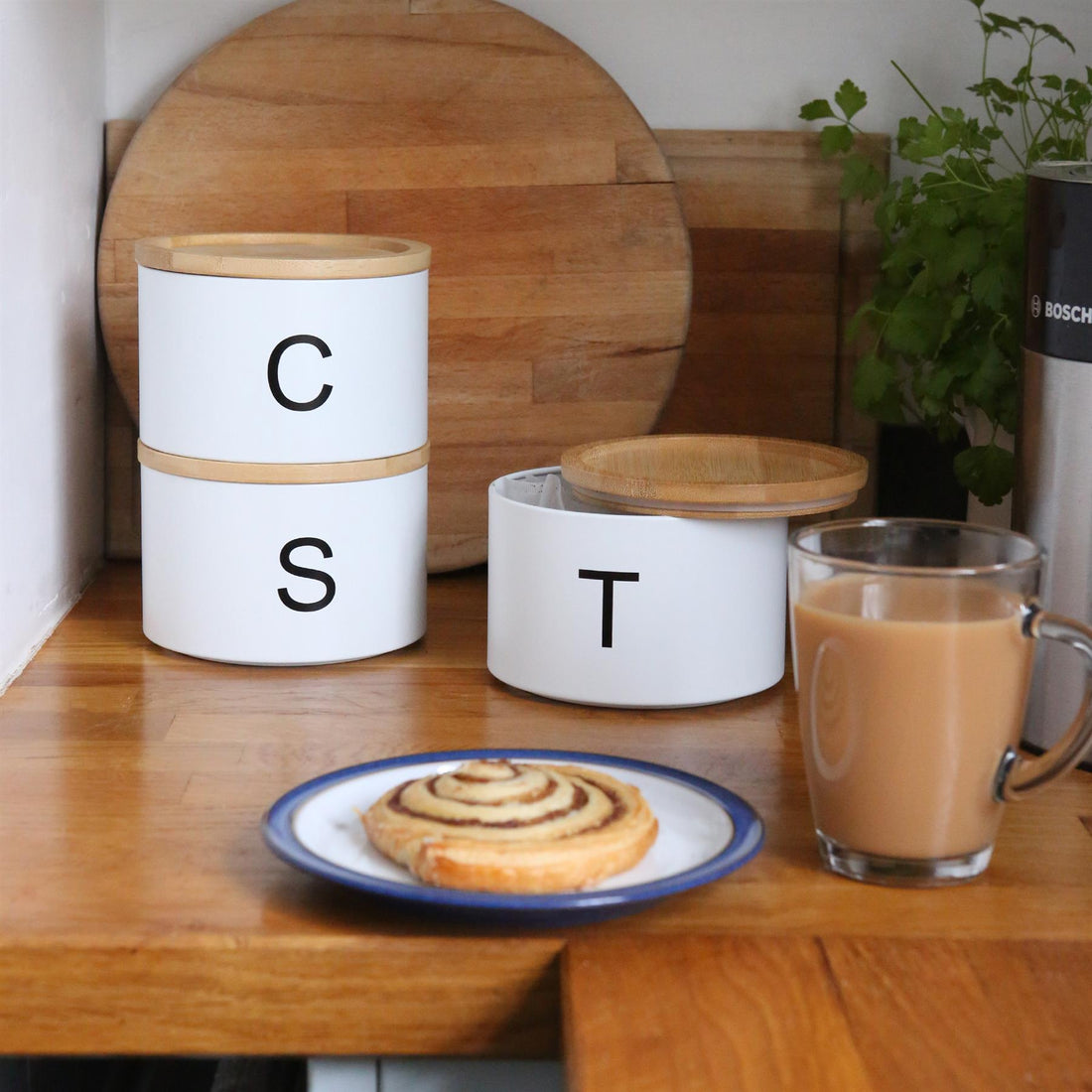 3pc Stacking Tea Coffee Sugar White Canister Set with Bamboo Lids