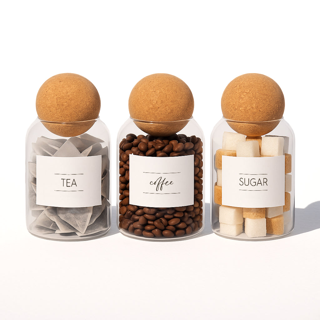 Cork Ball Lid Glass Tea Coffee Sugar Jars - Pack of 3