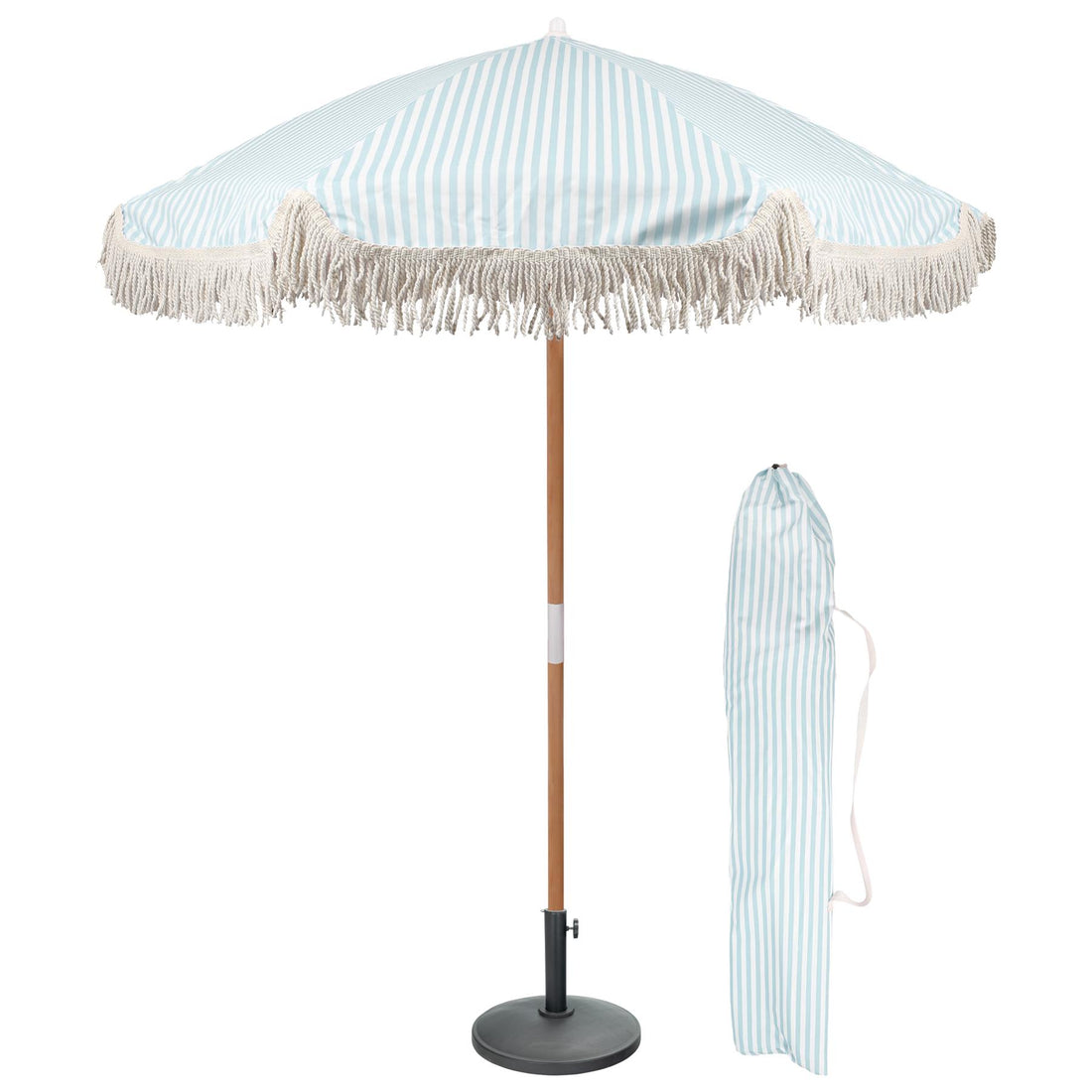 Pastel Blue Striped 1.4m Wooden Garden Parasol with Tassel Fringe &amp; Base
