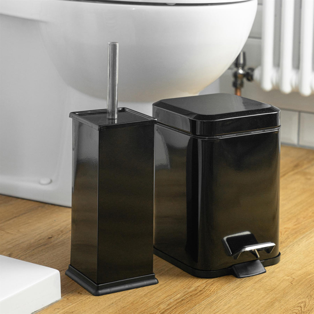 Black Square Toilet Brush &amp; Bin Set