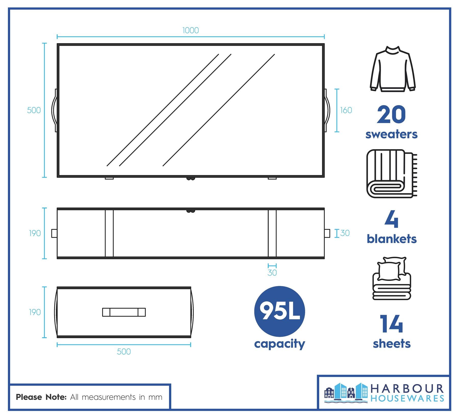 95 Litre Under Bed Storage Bags with Lid - Grey - Pack of 5