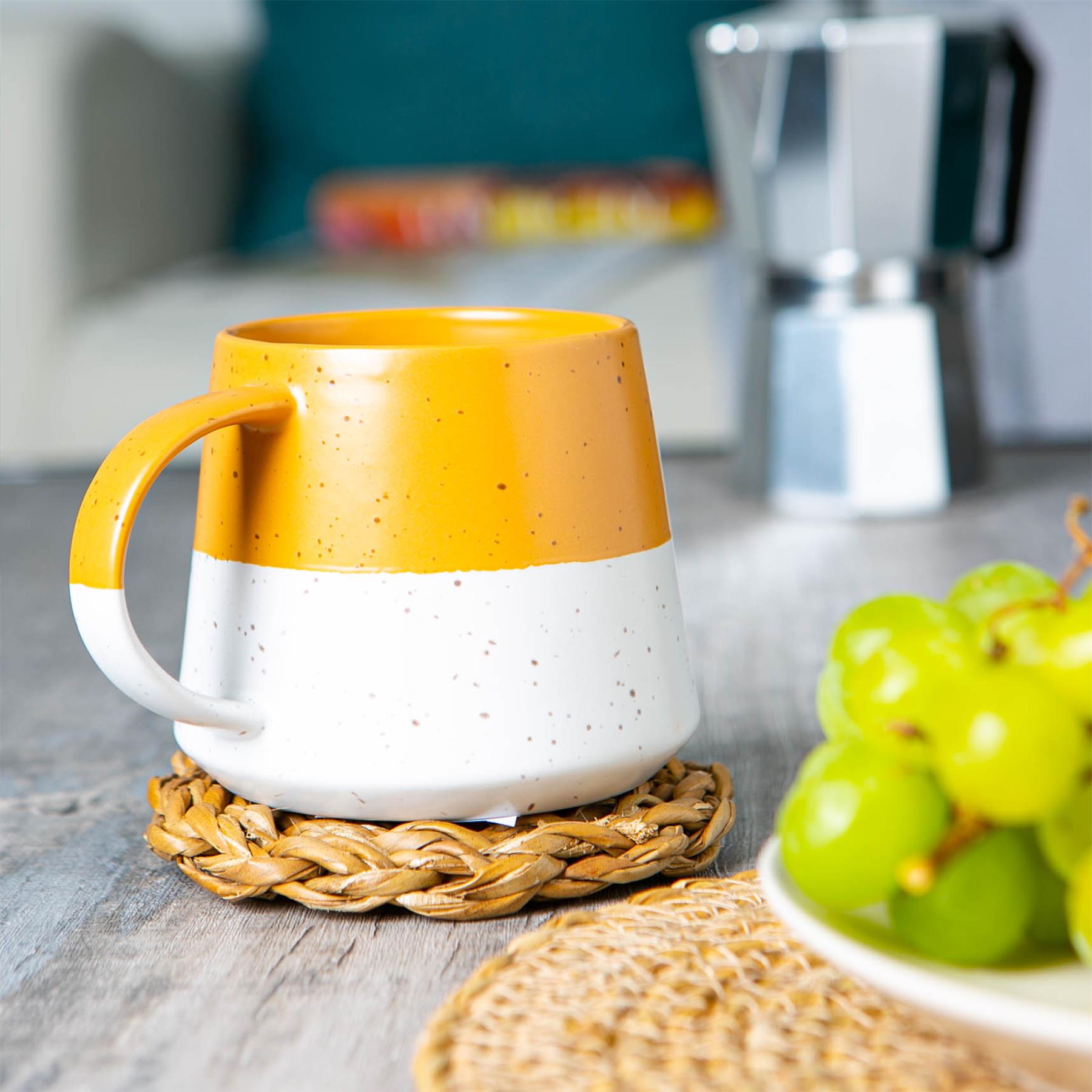 370ml Yellow Colour Block Flecked Stoneware Belly Mugs - Pack of Four