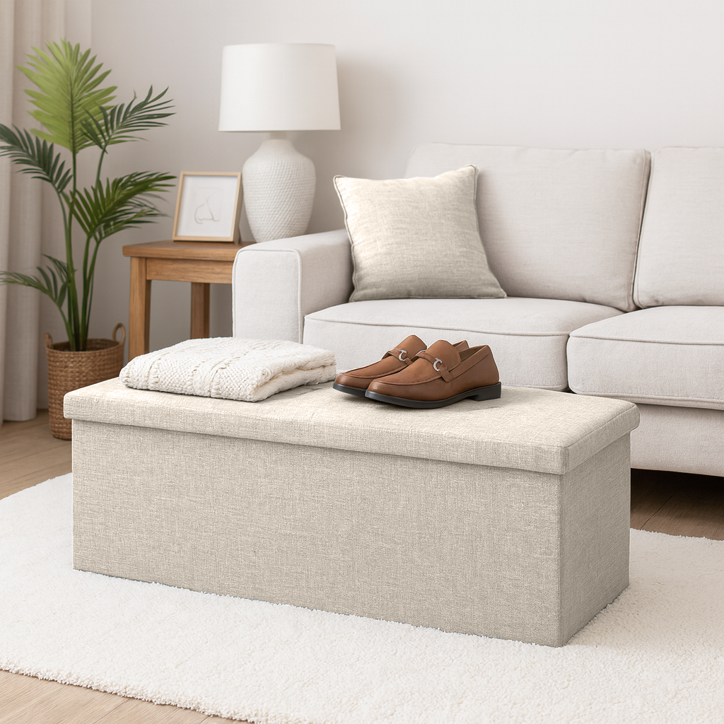 Cream Linen-Look Foldable Storage Ottoman - 111cm x 37cm x 39cm