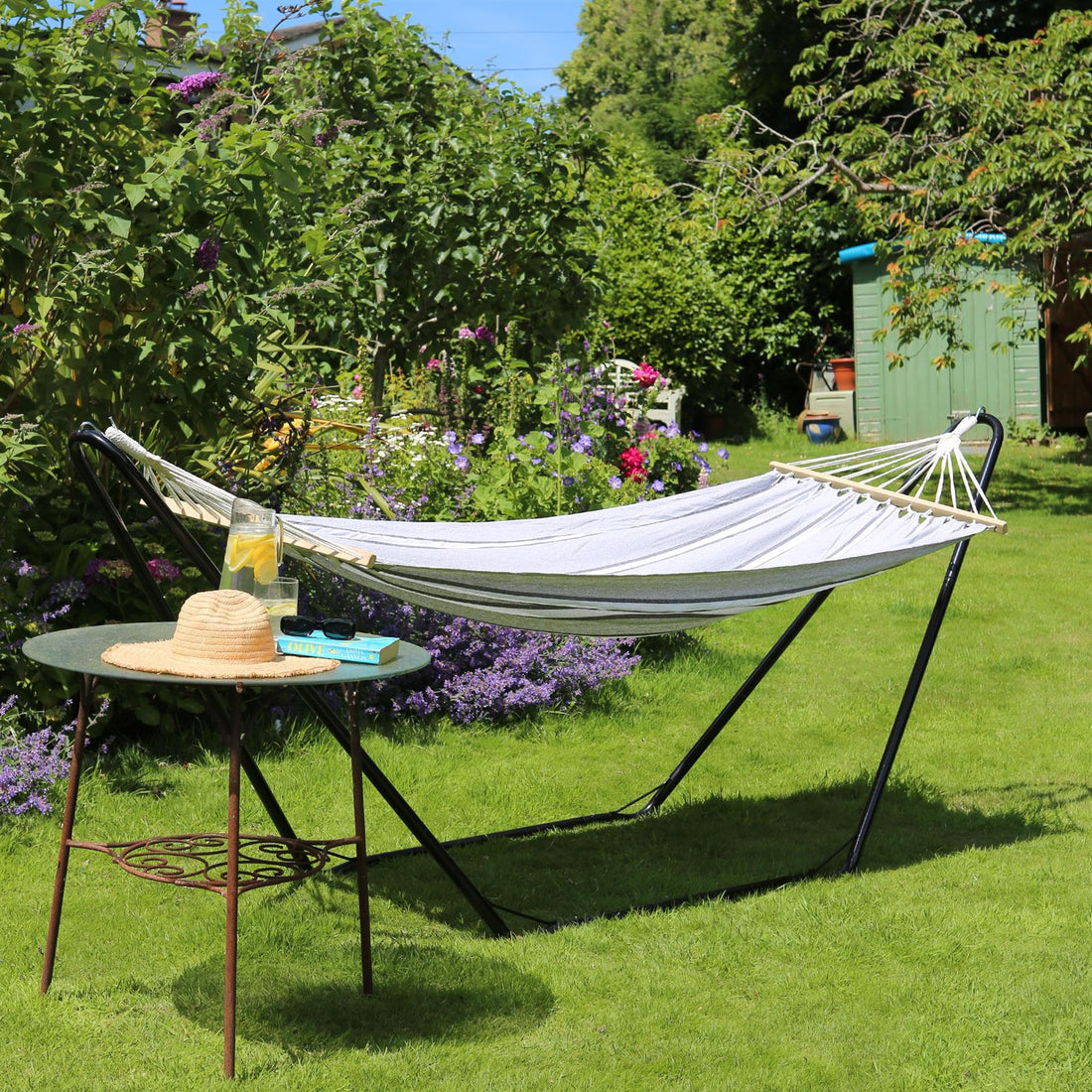 200cm x 80cm Deluxe Grey Striped Cotton Garden Hammock with Metal Stand
