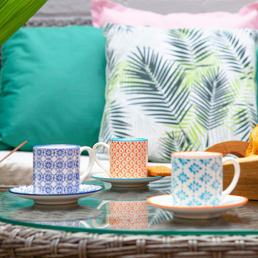 12pc 65ml Hand-Printed Stoneware Multicoloured Espresso Cup &amp; Saucer Set