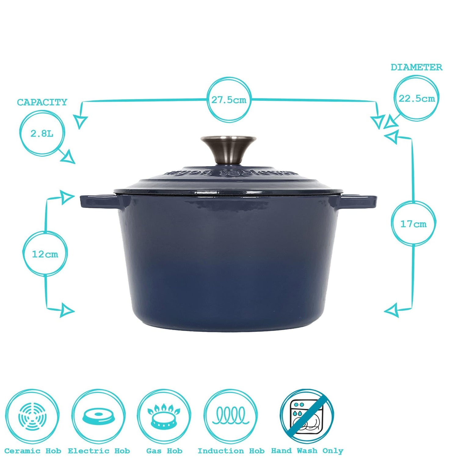2.8L Dark Blue Round Cast Iron Casserole Dish