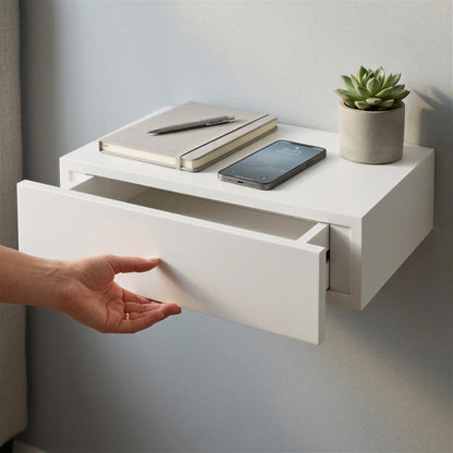 Wooden Floating Shelf with Drawer - 40cm - White