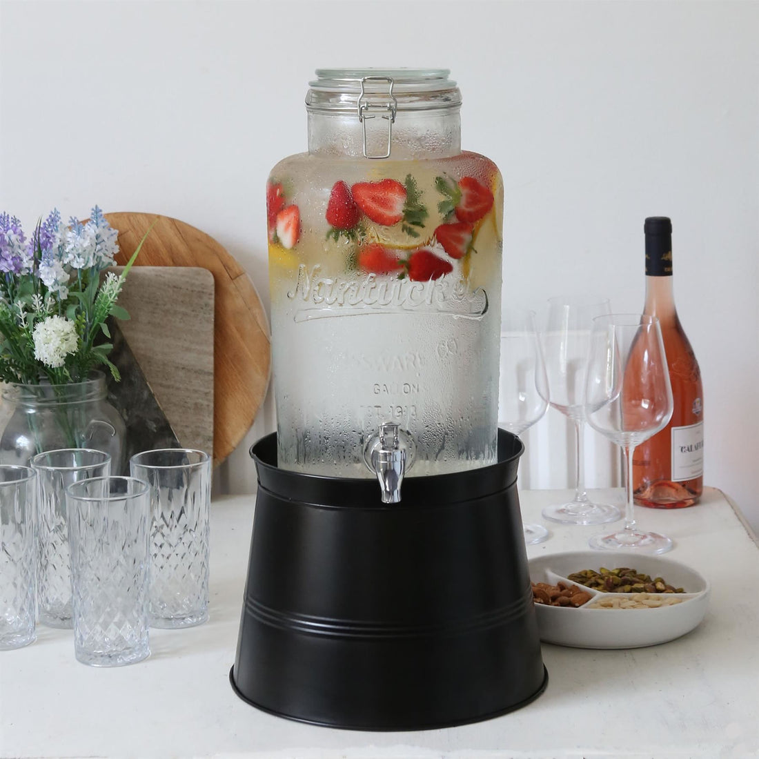 6.5L Glass Drinks Dispenser with Tap &amp; Black Bucket Stand
