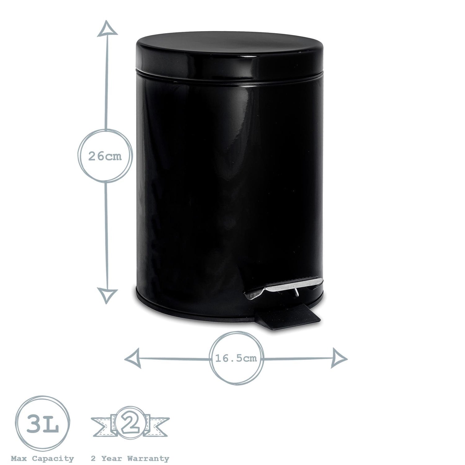 3L Black Round Stainless Steel Bathroom Pedal Bin