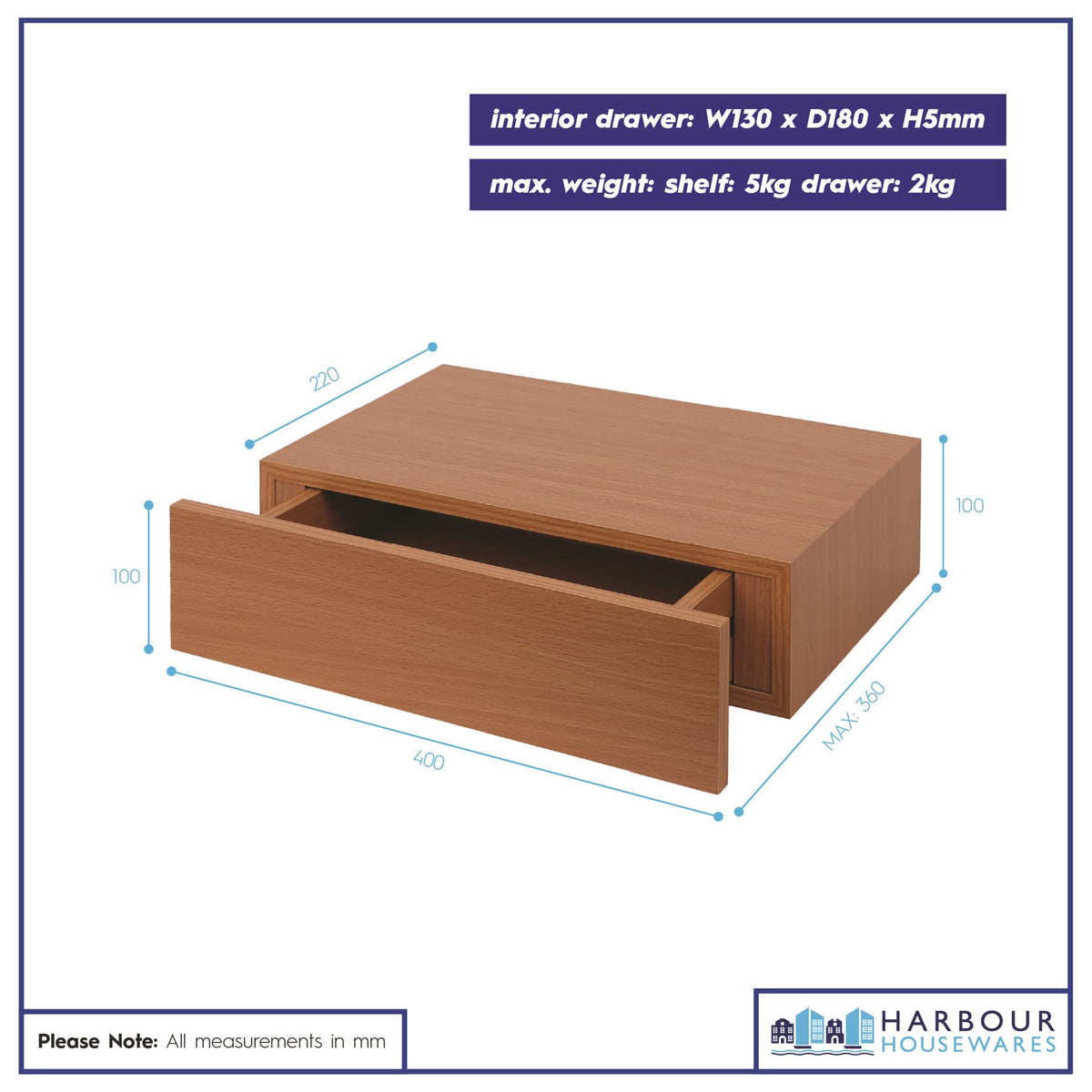 Wooden Floating Shelf with Drawer - 40cm - Walnut
