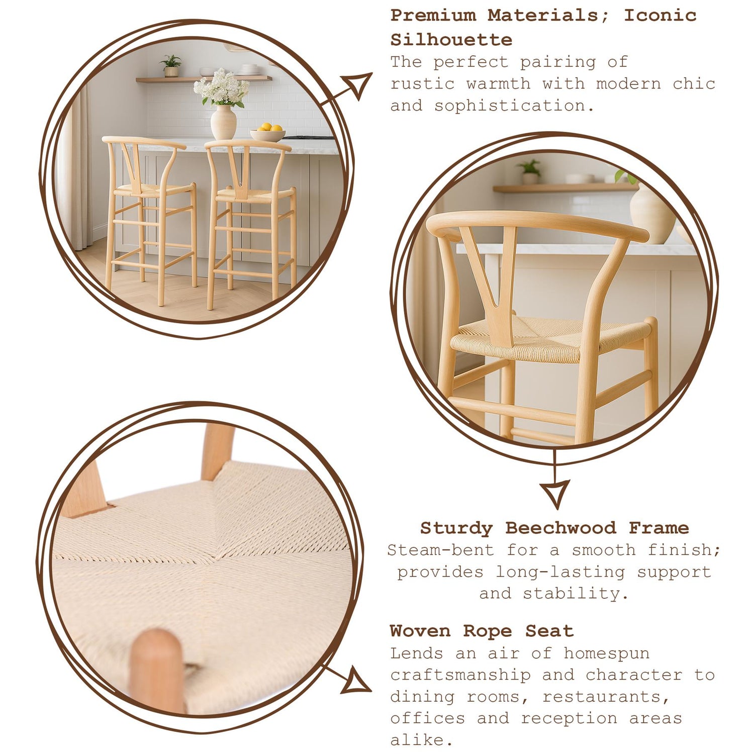 Beige Wooden Wishbone Bar Stool