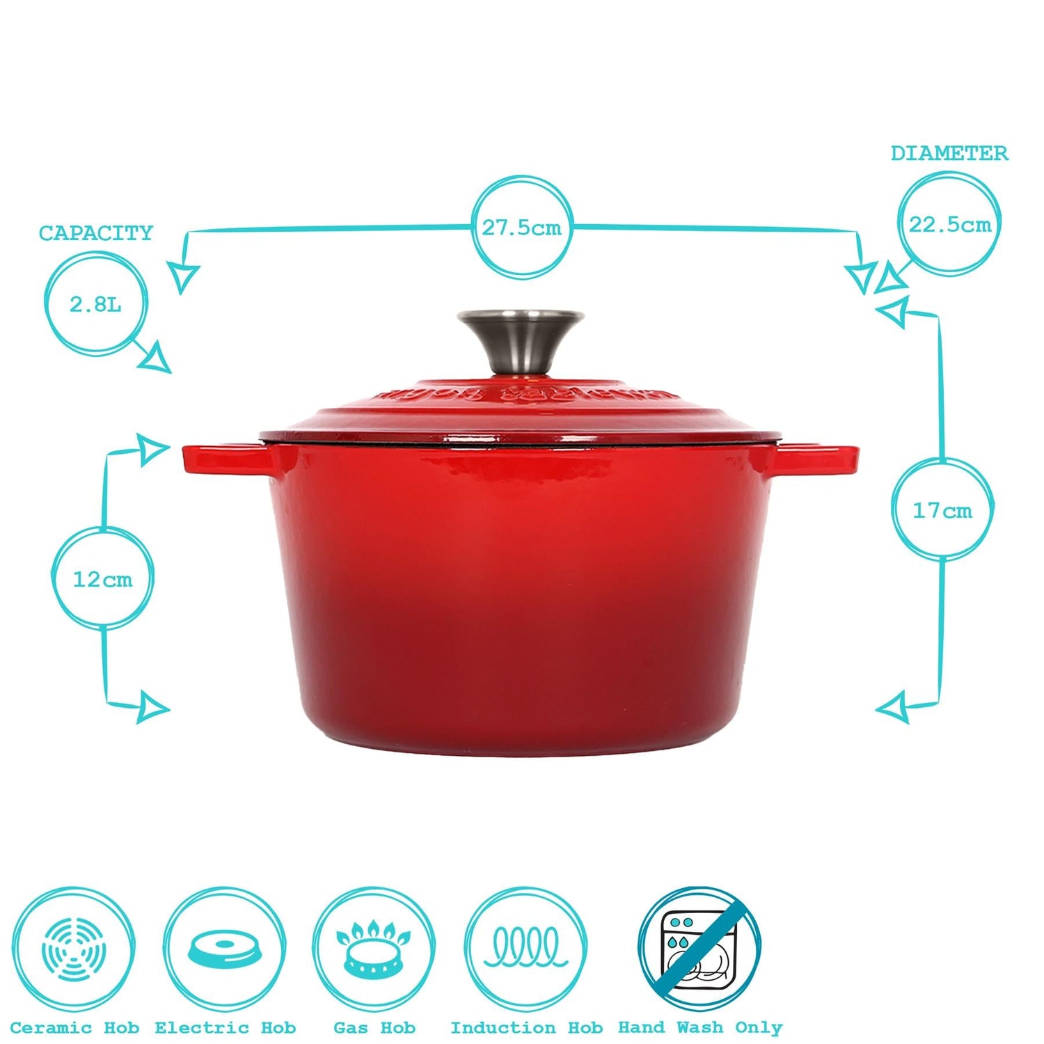 2.8L Red Ombre Round Cast Iron Casserole Dish