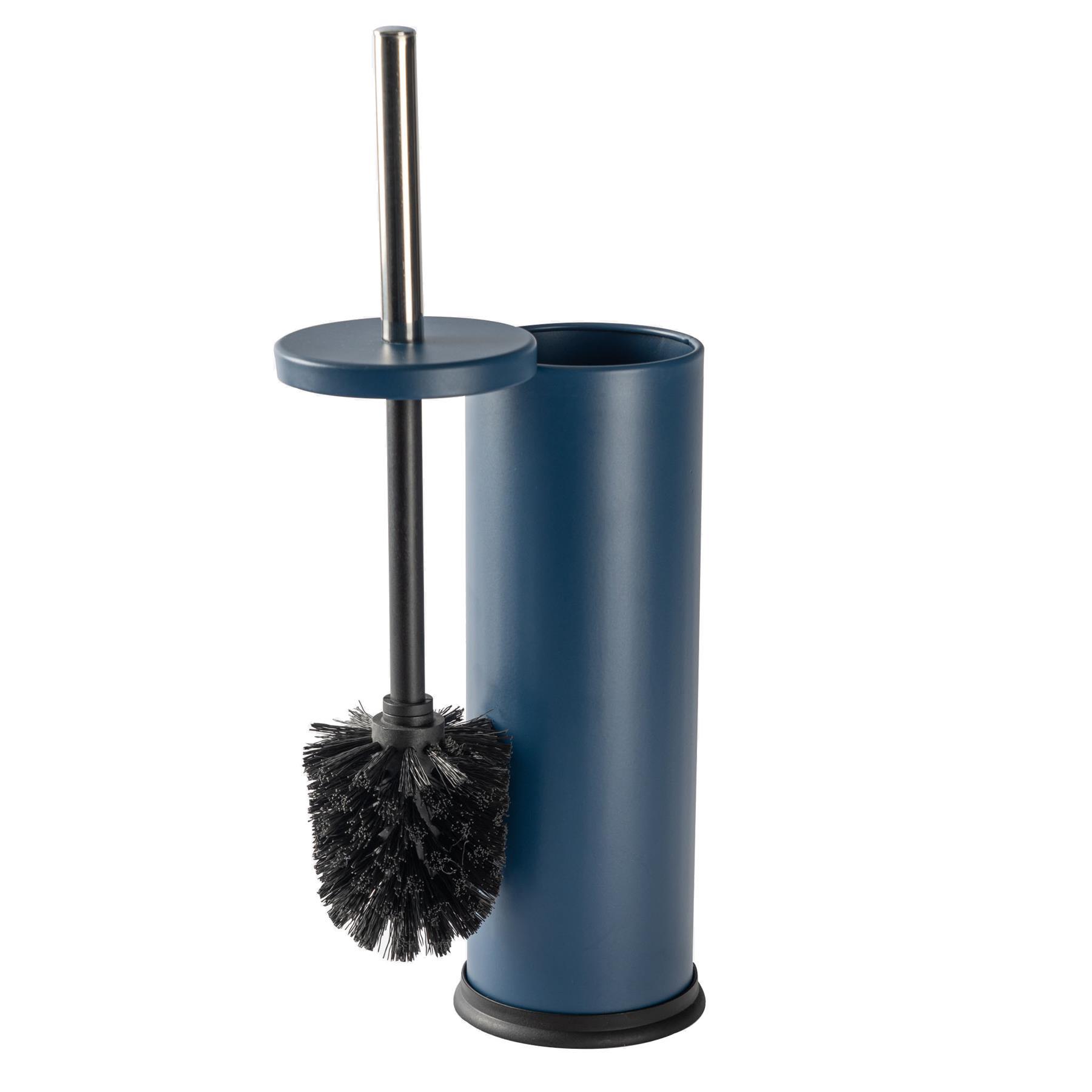 Matt Blue Round Stainless Steel Toilet Brush &amp; Bin Set