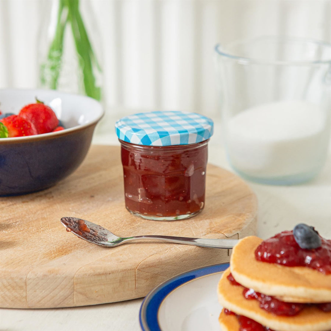 130ml Octagonal Glass Jam Jars with Blue Gingham Lids - Pack of 6