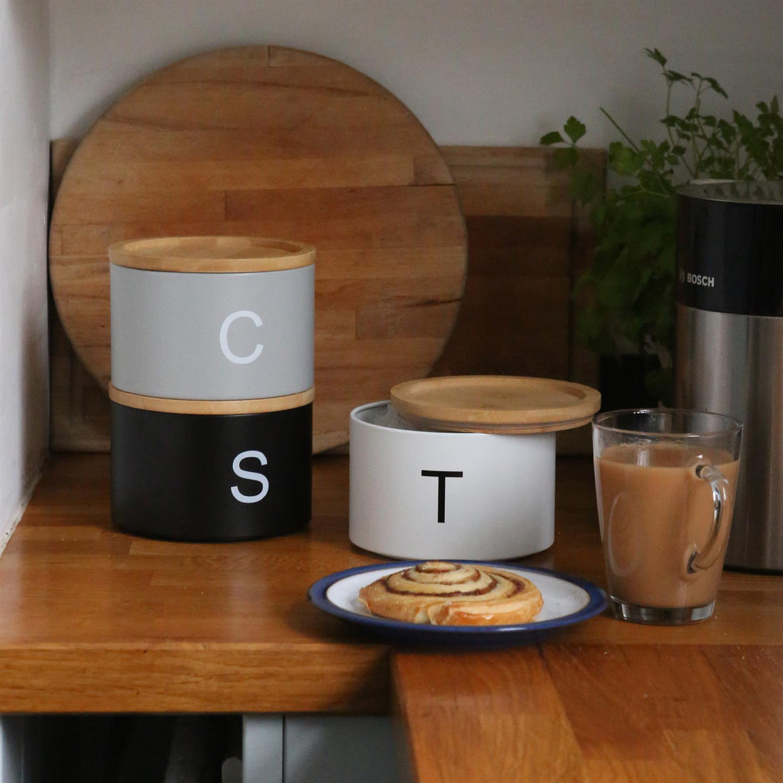 3pc Stacking Tea Coffee Sugar Monochrome Canister Set with Bamboo Lids