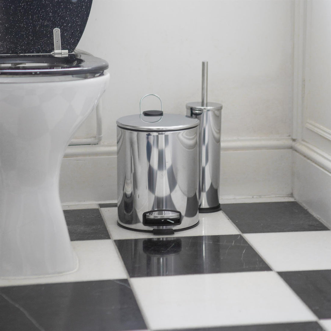 2pc 5L Chrome Round Stainless Steel Pedal Bin &amp; Toilet Brush Set