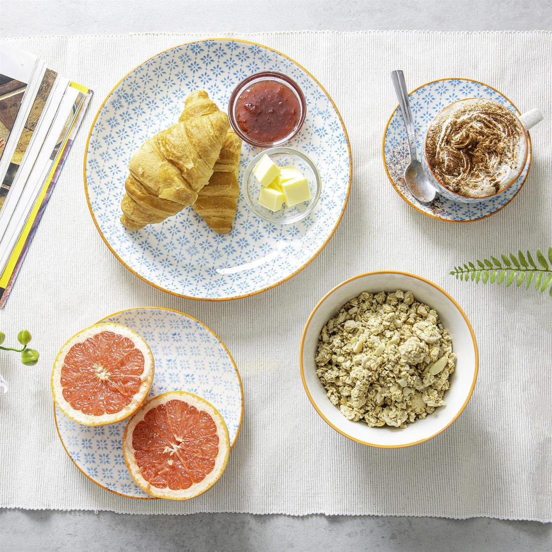 24pc Hand-Printed Blue Floral Stoneware Dinner Set