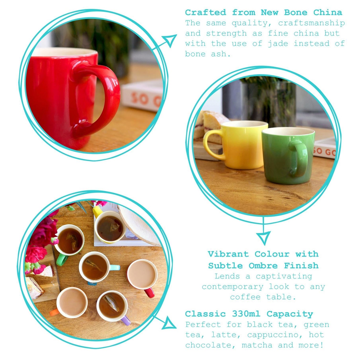 330ml Rainbow New Bone China Ombre Mugs - Pack of Six