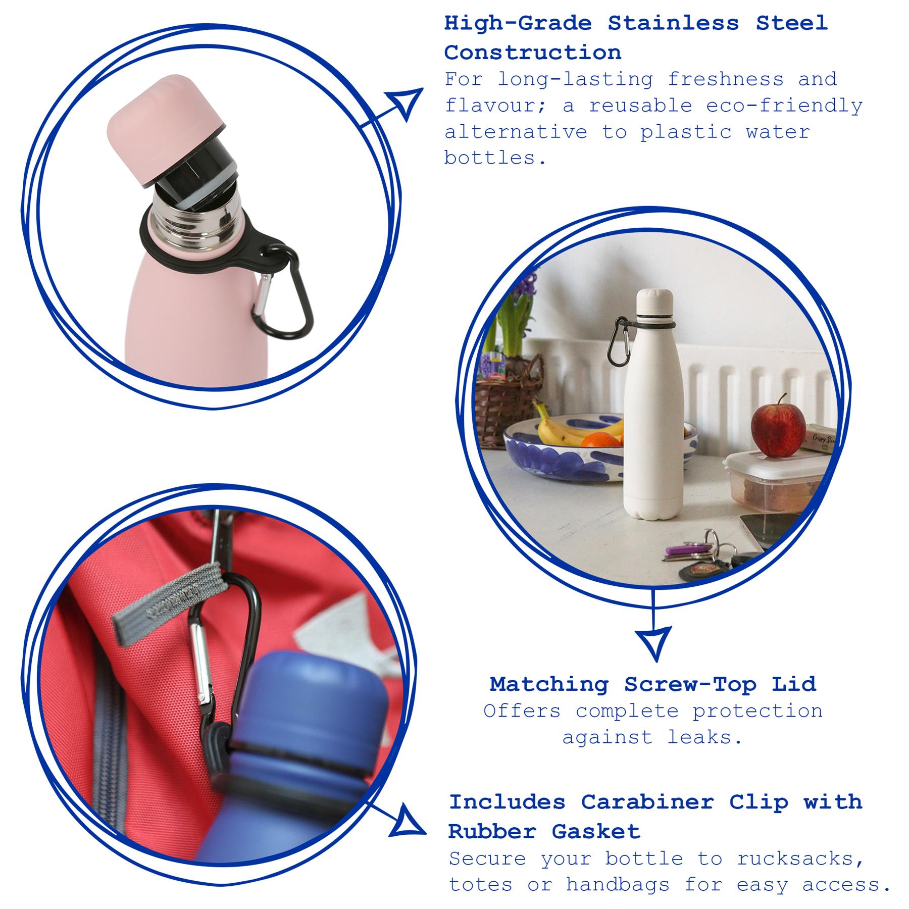 500ml White Stainless Steel Water Bottle with Carabiner Clip