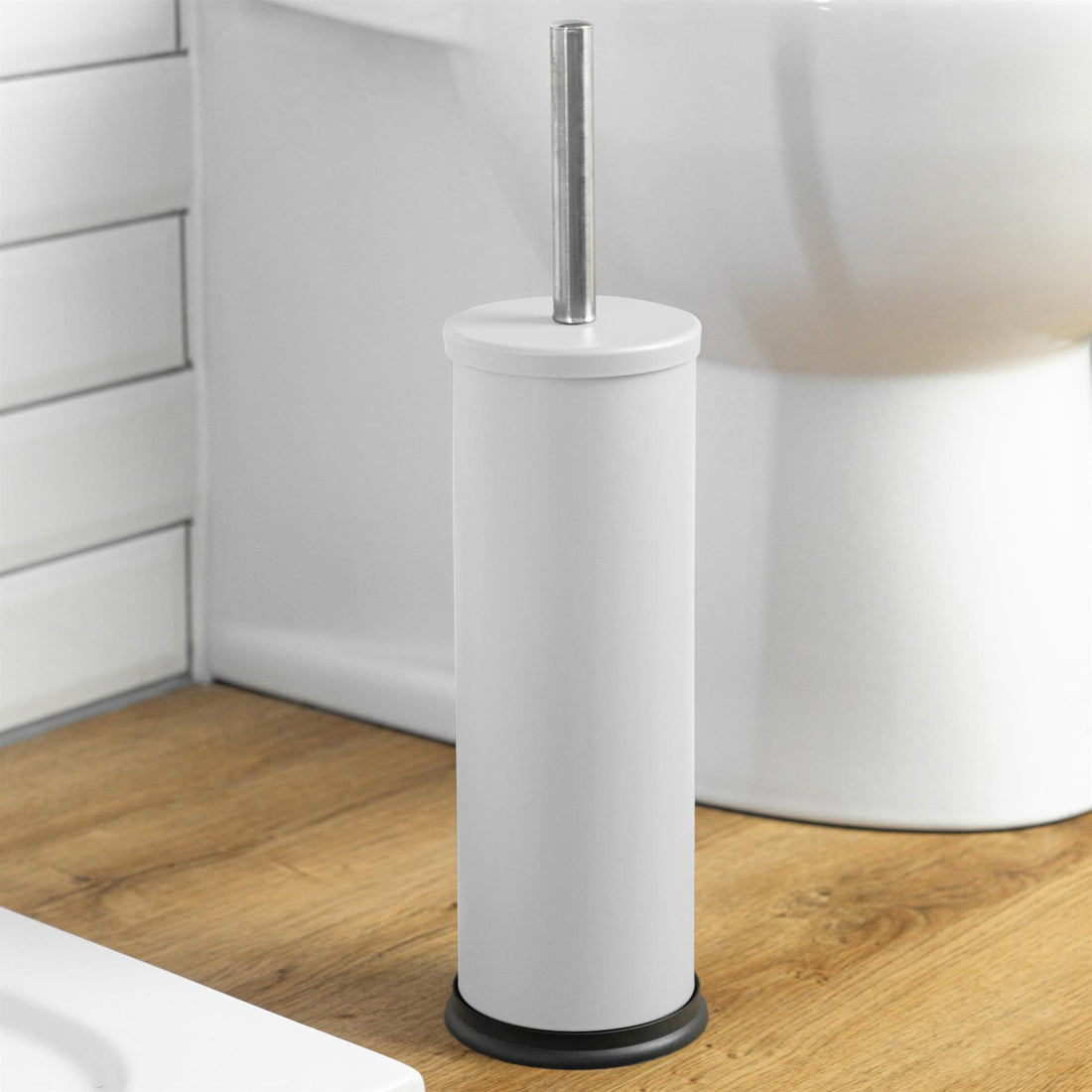 Matt White Round Stainless Steel Toilet Brush &amp; Holder