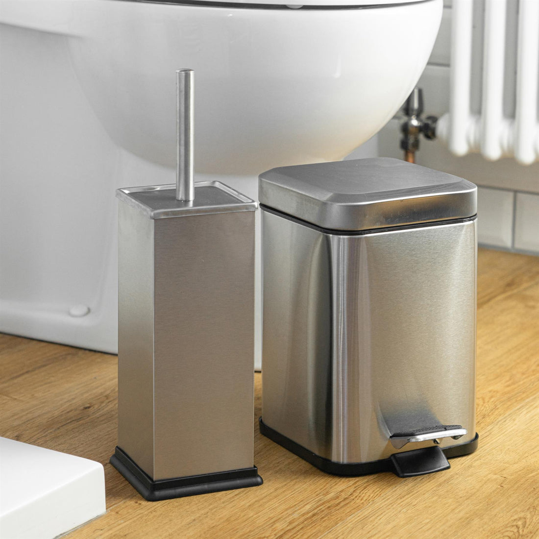 Brushed Steel Square Toilet Brush &amp; Bin Set