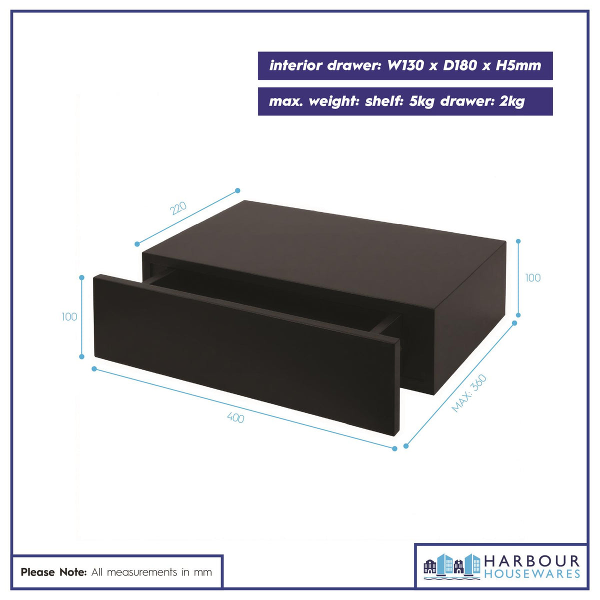 Wooden Floating Shelf with Drawer - 40cm - Black