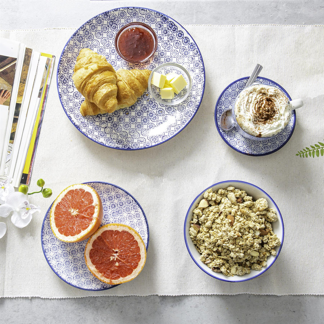 30pc Hand-Printed Navy Floral Stoneware Dinner Set