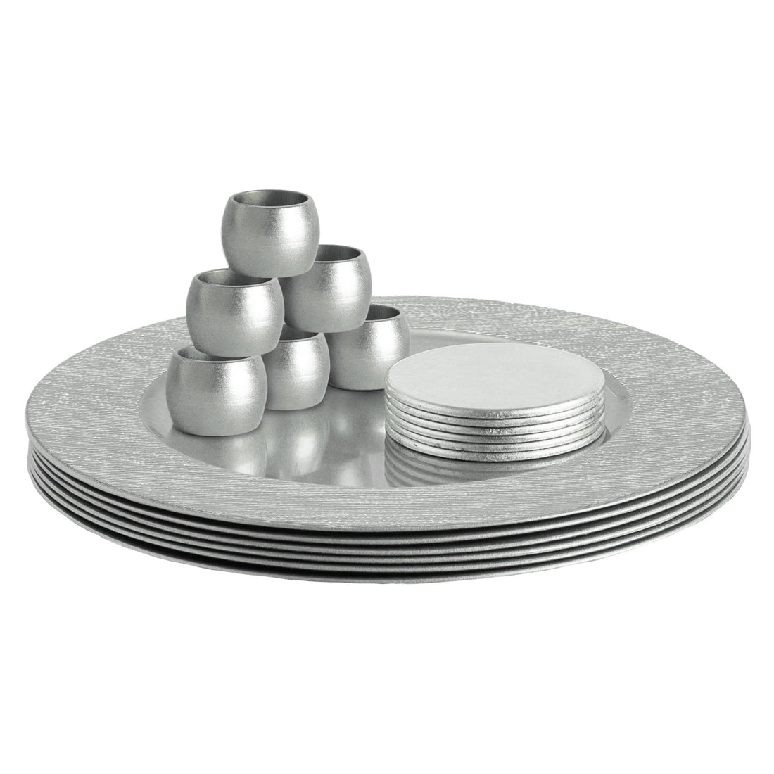Silver 18-Piece 33cm Round Ribbed Charger Plate, Coaster &amp; Napkin Ring Set