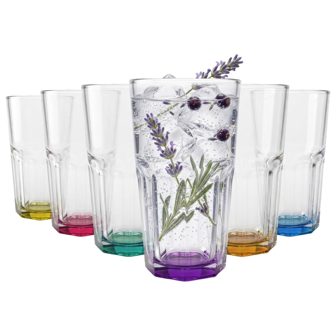 400ml Panelled Highball Glasses with Coloured Base - Pack of 6
