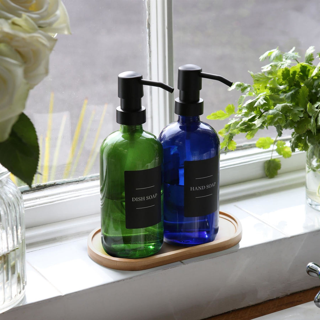 2pc 500ml Blue Glass Soap Dispenser with Black Labels &amp; Bamboo Tray