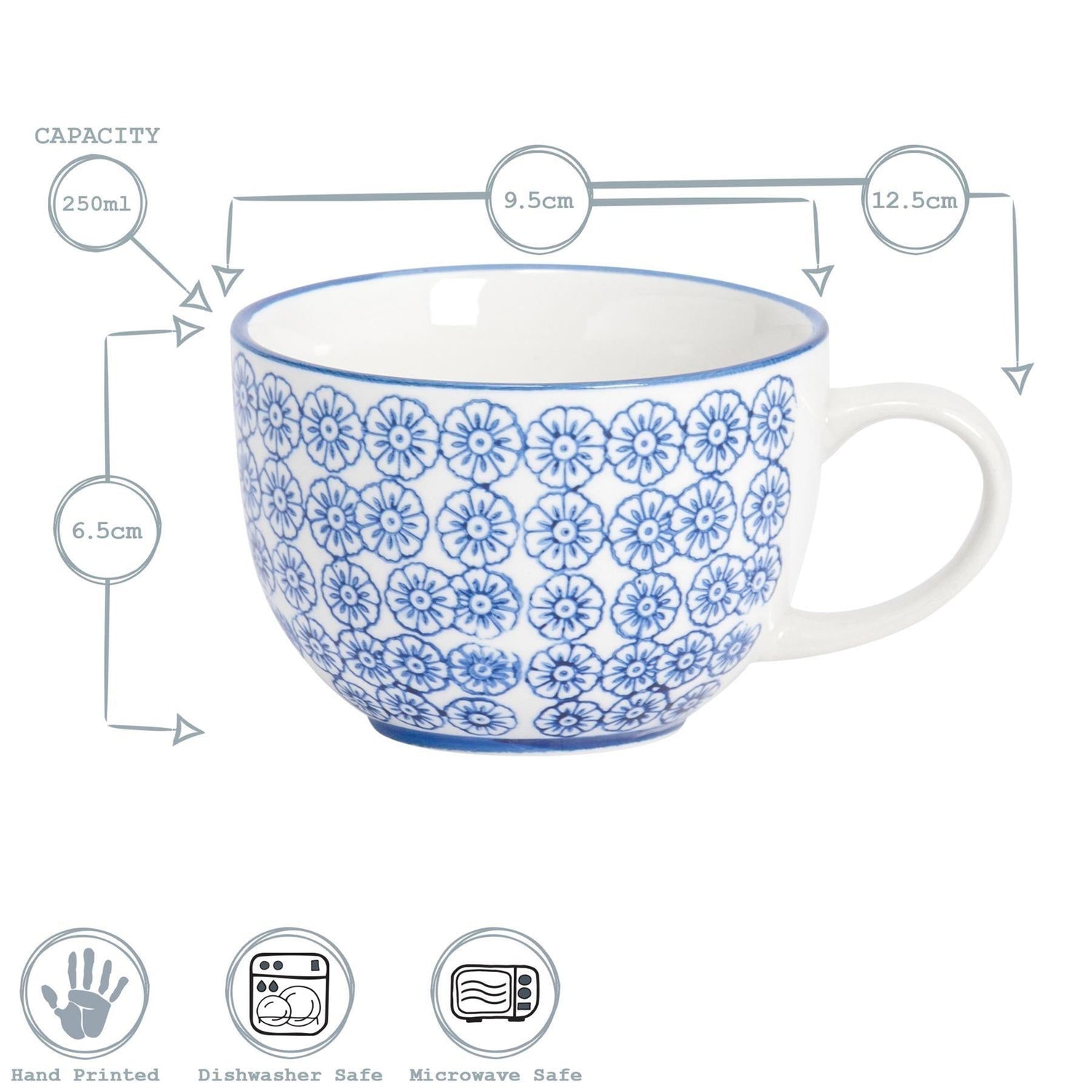 250ml Blue Hand-Printed Stoneware Cappuccino Cups - Pack of Six