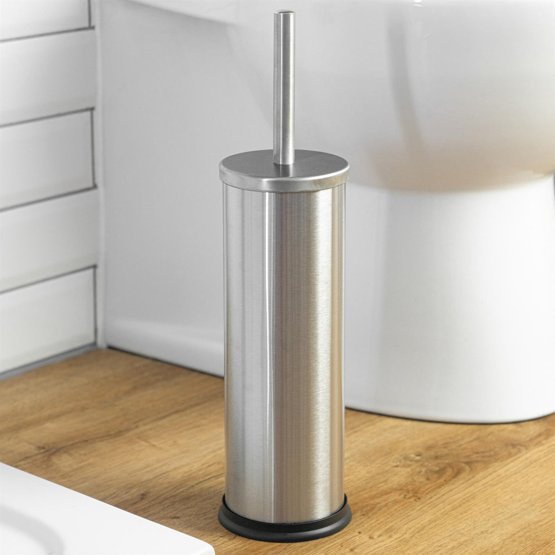 Round Brushed Stainless Steel Toilet Brush &amp; Holder