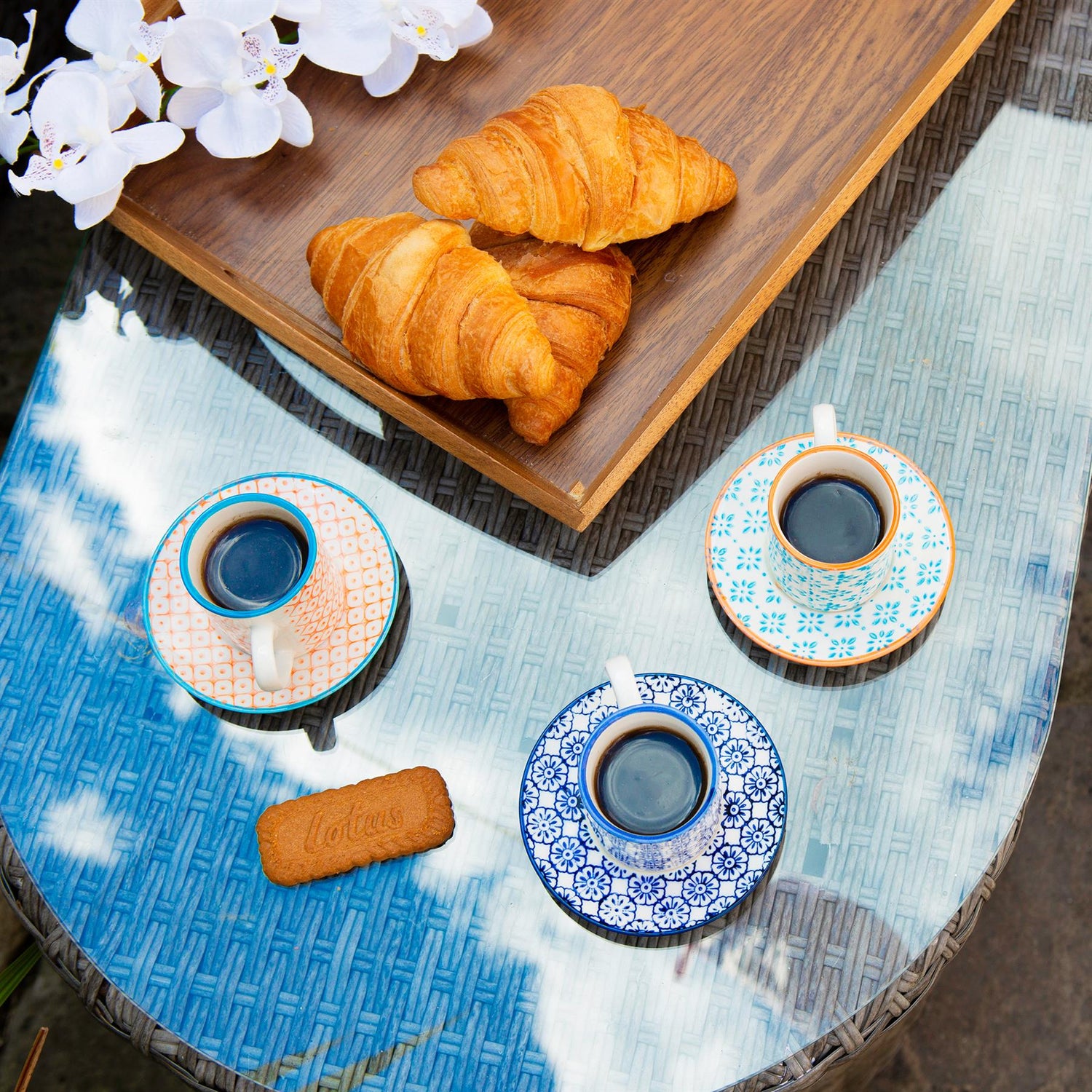 12pc 65ml Hand-Printed Stoneware Blue Espresso Cup &amp; Saucer Set