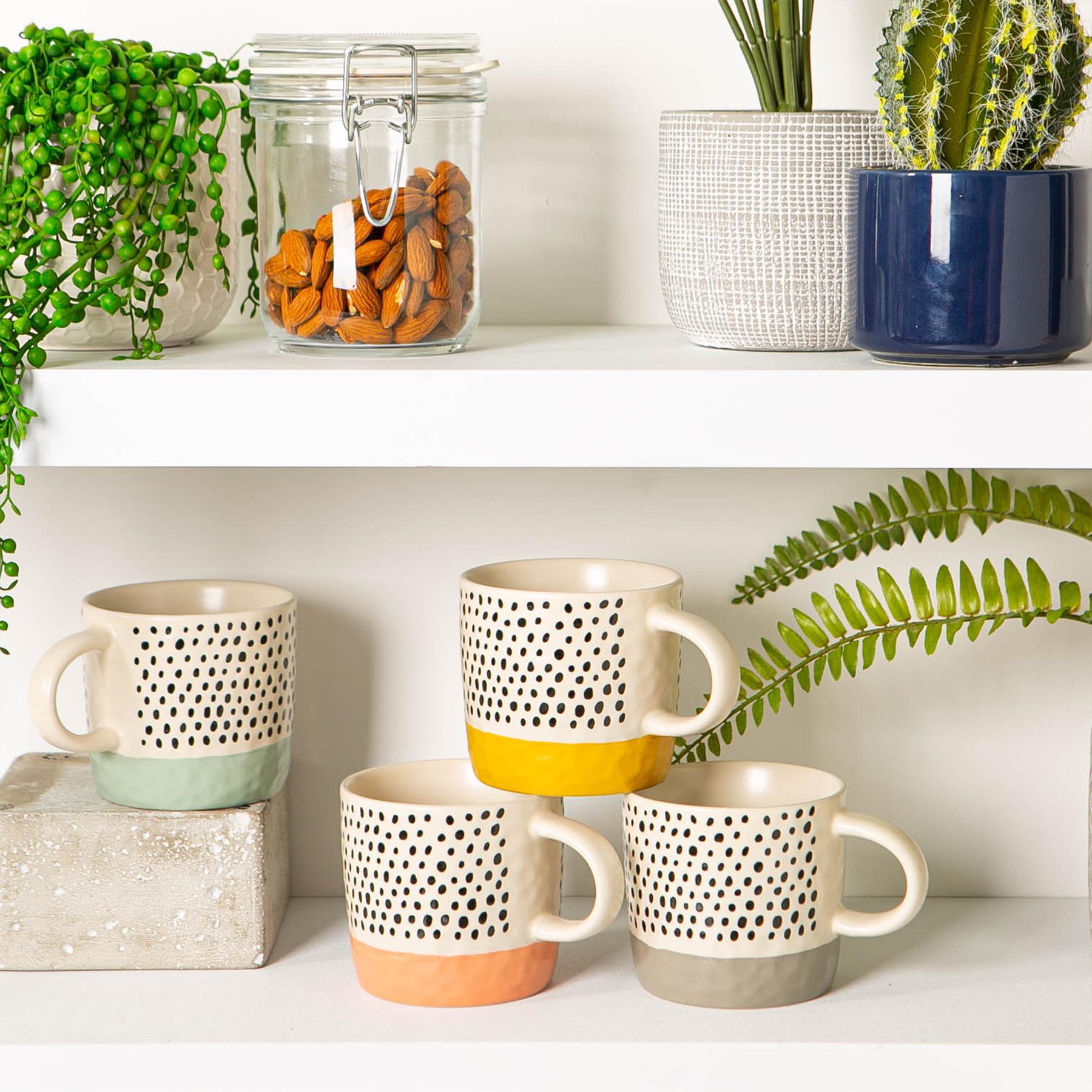 385ml Yellow Colour Block Spot Portuguese Stoneware Coffee Mugs - Pack of Six