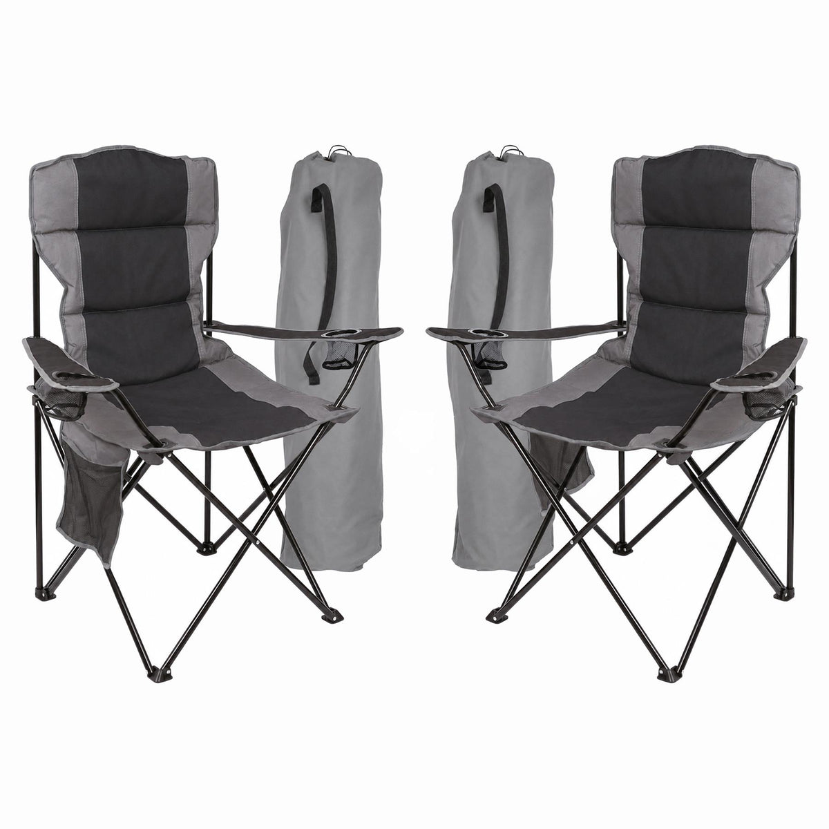 Padded Folding Camping Chairs Set - Black/Grey - Pack of 2