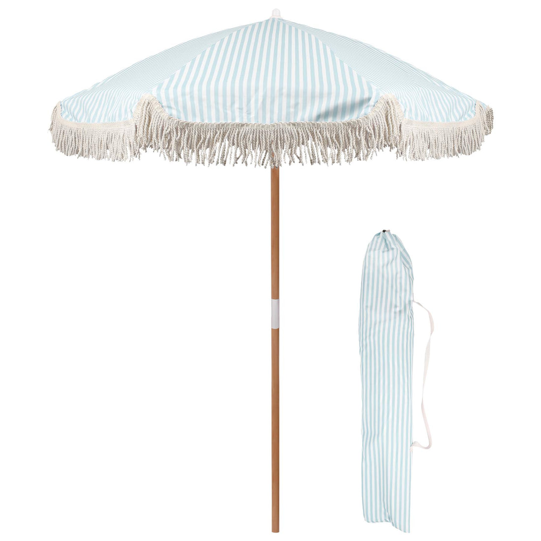 Pastel Blue Striped 1.4m Wooden Garden Parasol with Tassel Fringe