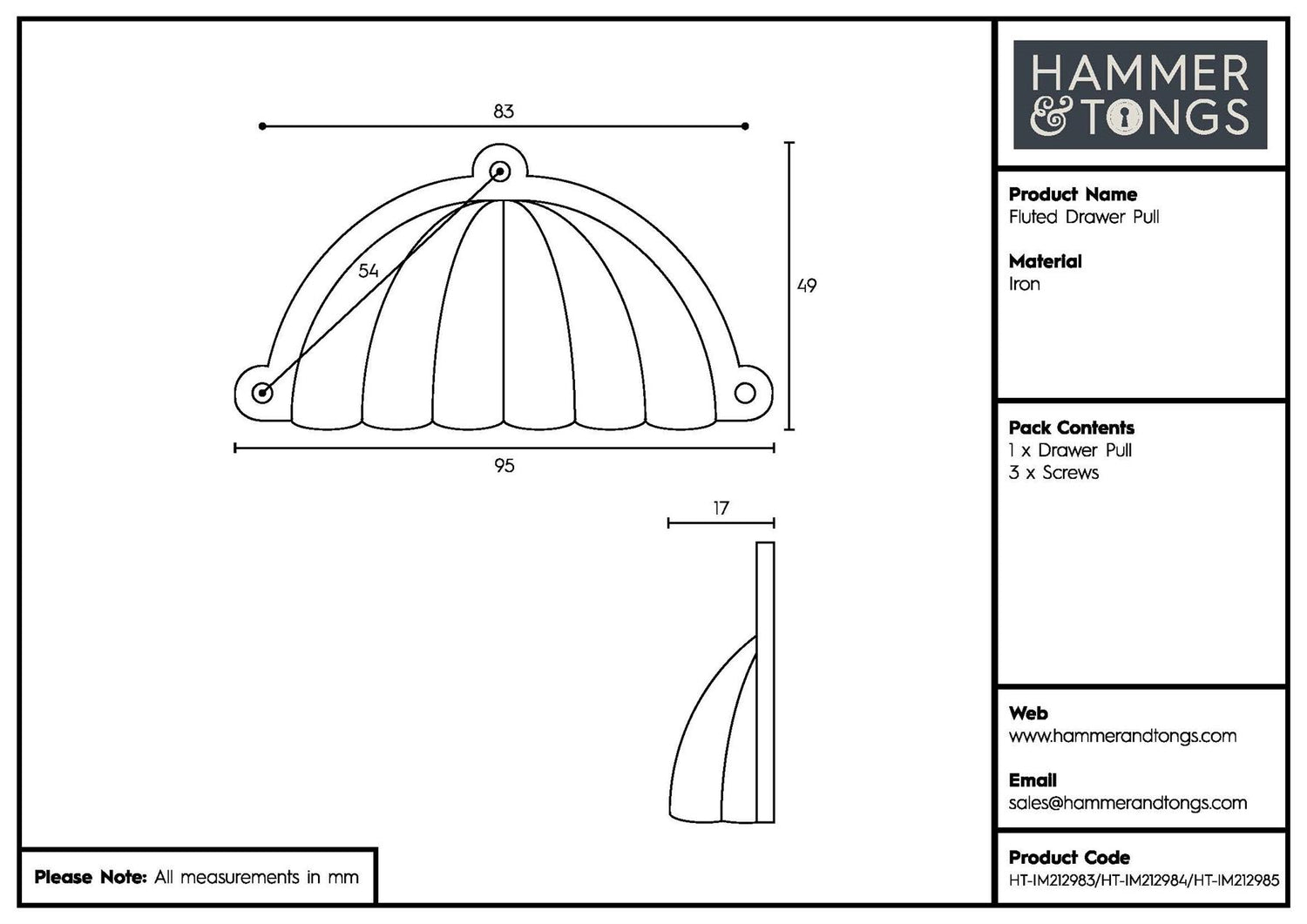 95mm x 50mm Fluted Cabinet Cup Handle