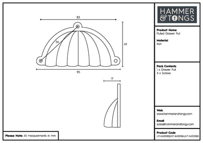 95mm x 50mm Fluted Cabinet Cup Handle