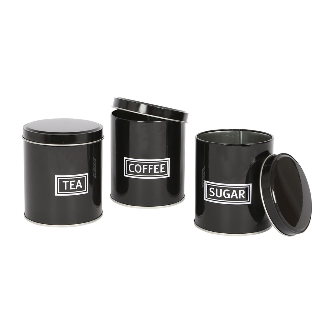 3pc Round Metal Tea Coffee Sugar Black Canister Set