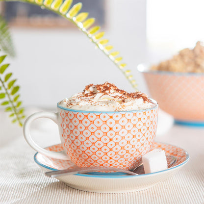 250ml Orange Hand-Printed Stoneware Cappuccino Cups - Pack of Six