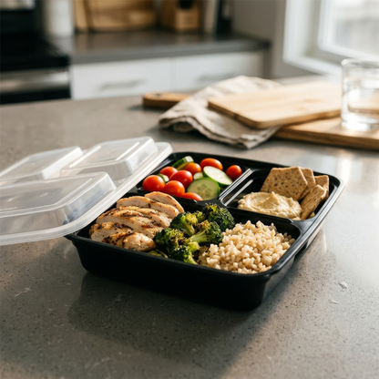 Reusable Meal Prep Containers - 3 Compartments (975ml) - Pack of 10