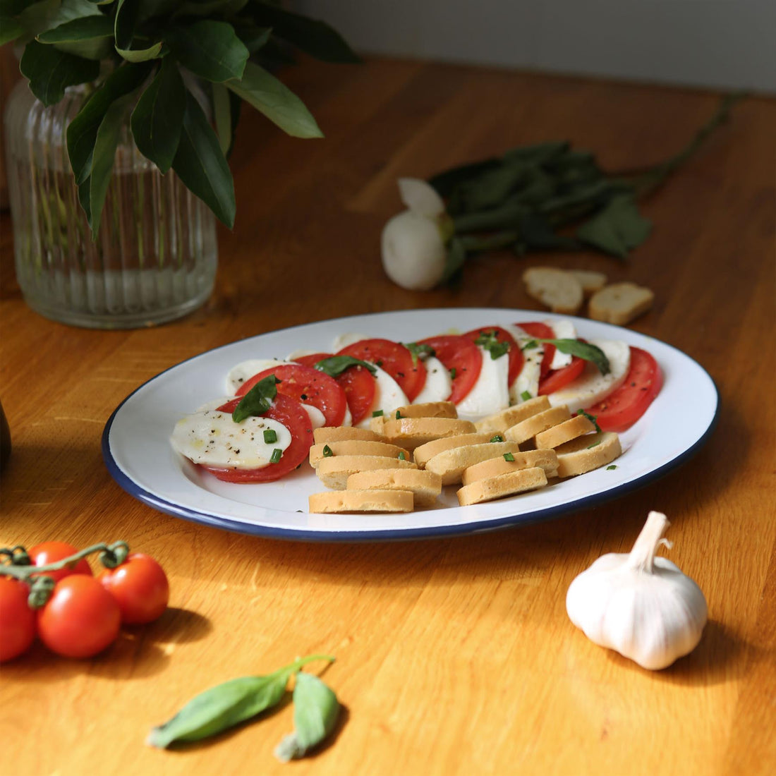 30cm x 22cm White &amp; Blue Enamel Serving Platter